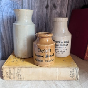 Macetas de mostaza de gres antiguas recuperadas, W. Berry, Moutarde de Maille, Taylors