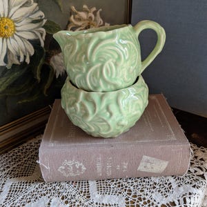 Vintage Carlton Ware green majolica sugar bowl and milk jug/creamer
