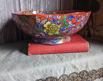 Antique Frederick Rhead for Cauldon Pottery red Chinese Blossom fruit bowl