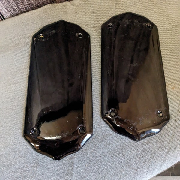 Salvaged Victorian black porcelain finger plates, 1 long pair and one short pair