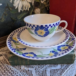 Puede incluir: Juego de taza, platillo y plato blancos con diseño floral azul y amarillo. El borde de la taza y los platos presenta un patrón de cuadros azules y blancos. El juego está colocado sobre un libro antiguo y un mantel de encaje blanco.
