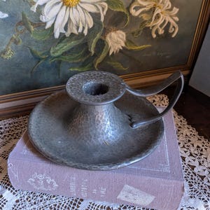 Sillustre Pewter Arts and Crafts style hammered pewter candlestick holder