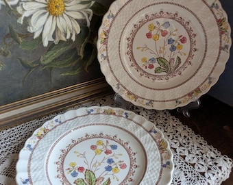 Op de afbeelding: Twee witte keramische dinerborden met een reliëf geweven patroon en een bloemmotief in het midden. Het bloemmotief toont een cluster van gele, rode, blauwe en witte bloemen met groene bladeren.