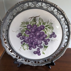 Art Deco Spritzdekor tray with cut out metal edge and grapes