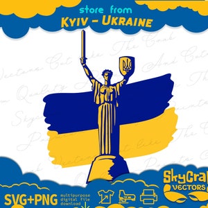 Ukraina Ojczyzna, Olbrzymia Kobieta z flagą, statua matki z Kijowa na Ukrainie, Cricut Silhouette SVG PNG, cyfrowa naklejka, wydruk laserowo wycinany
