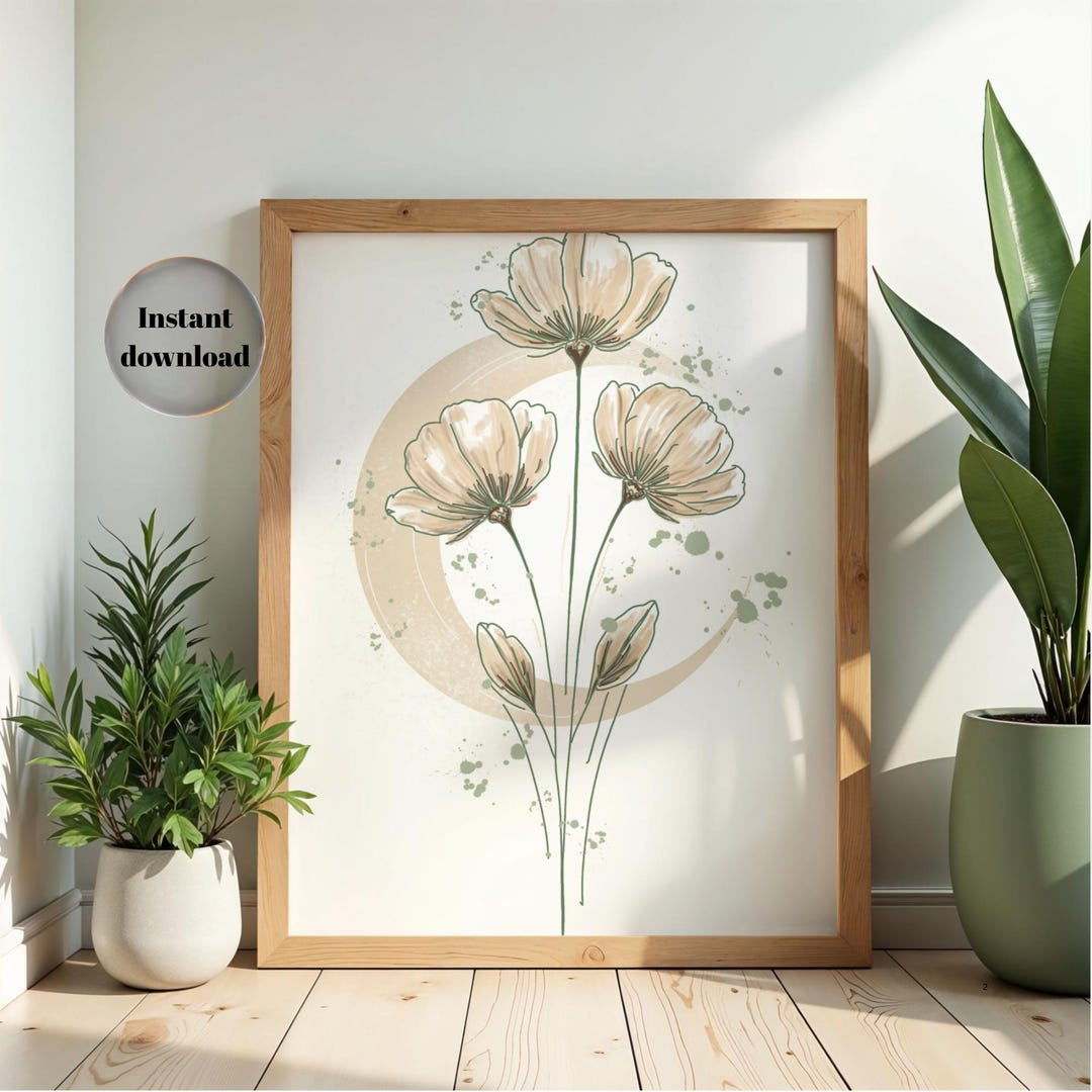 Minimalist Botanical Line Art Print | Green Accents, Neutral Floral ...