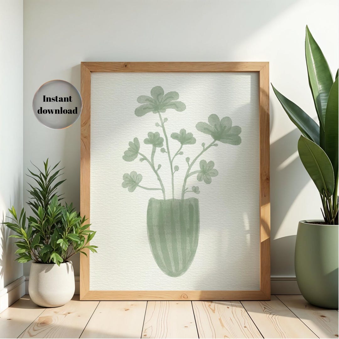 Minimalist Botanical Watercolor Print, Green Plant Wall Art (digital ...