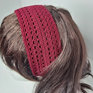 Crochet Headband: Burgundy Arches Pattern, Ribbon Tie