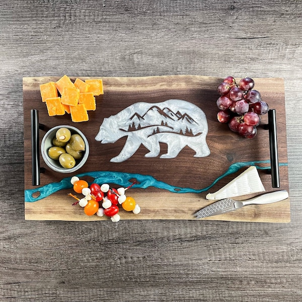 Bear River Charcuterie Board With Handles, Black Walnut Epoxy Resin Cheese Platter, Double Live Edge Serving Tray, Unique Wedding Gift