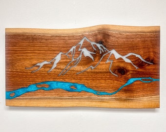 Mountain River Personalized Wall Art, Black Walnut Epoxy Resin, Double Live Edge, Unique Adventure Wedding Gift