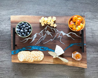 Mountain River Charcuterie Board With Handles, Black Walnut Epoxy Resin Cheese Platter, Double Live Edge Serving Tray, Unique Wedding Gift