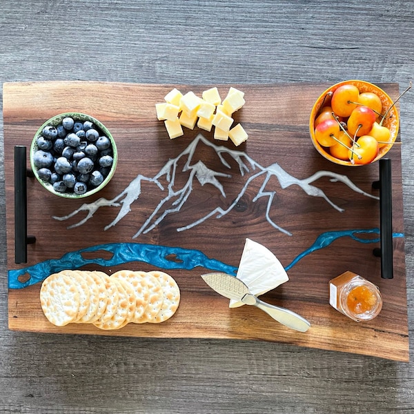 Mountain River Charcuterie Board With Handles, Black Walnut Epoxy Resin Cheese Platter, Double Live Edge Serving Tray, Unique Wedding Gift