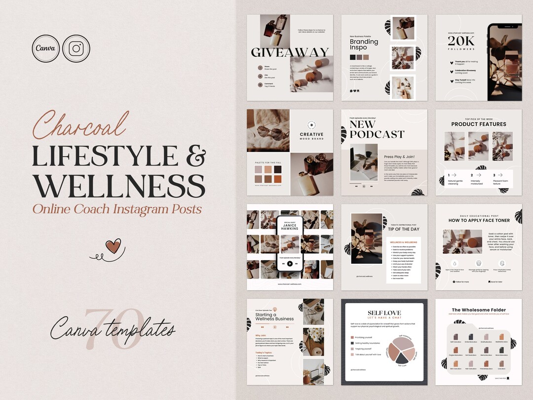 Lifestyle & Wellness Instagram Posts Online Wellness Coach Canva Bundle ...