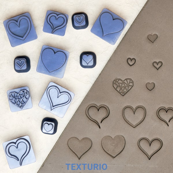 Texturio stamps for pottery, Pottery stamps, Polymer clay tools, Soap stamp, Sculpting pottery tools, Clay texture, Hearts & Love stamp set