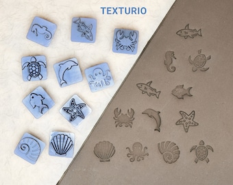 Texturio stamps for pottery, Pottery stamps, Polymer clay tools, Soap stamp, Sculpting pottery tools, Clay texture, Sea animals stamp set