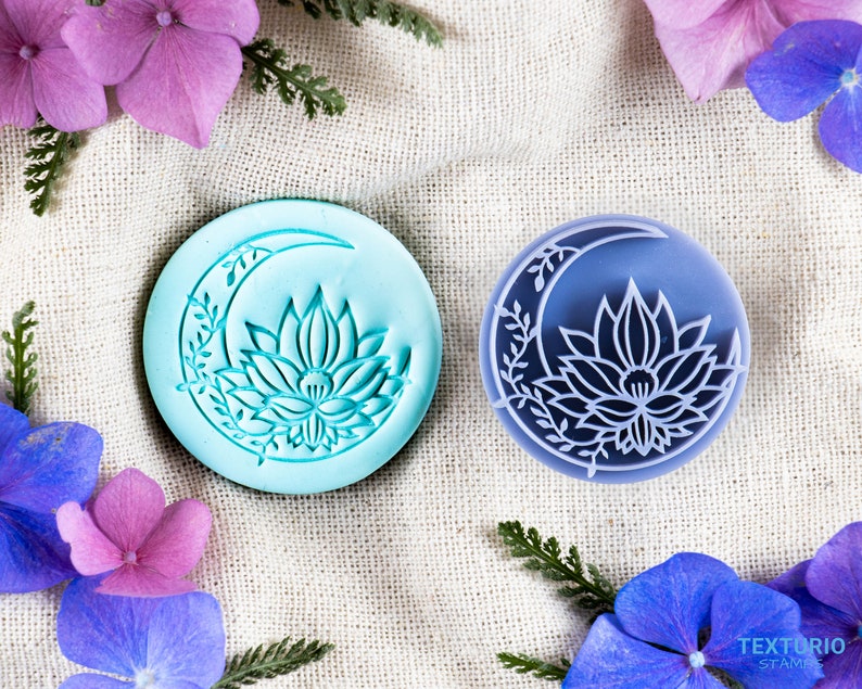 Boho Moon Lotus Stamp I Polymer Clay Stamp I Pottery Stamp I Polymer Clay Tool I Stamps for Pottery Tools I Texturio Embossing Stamp image 1