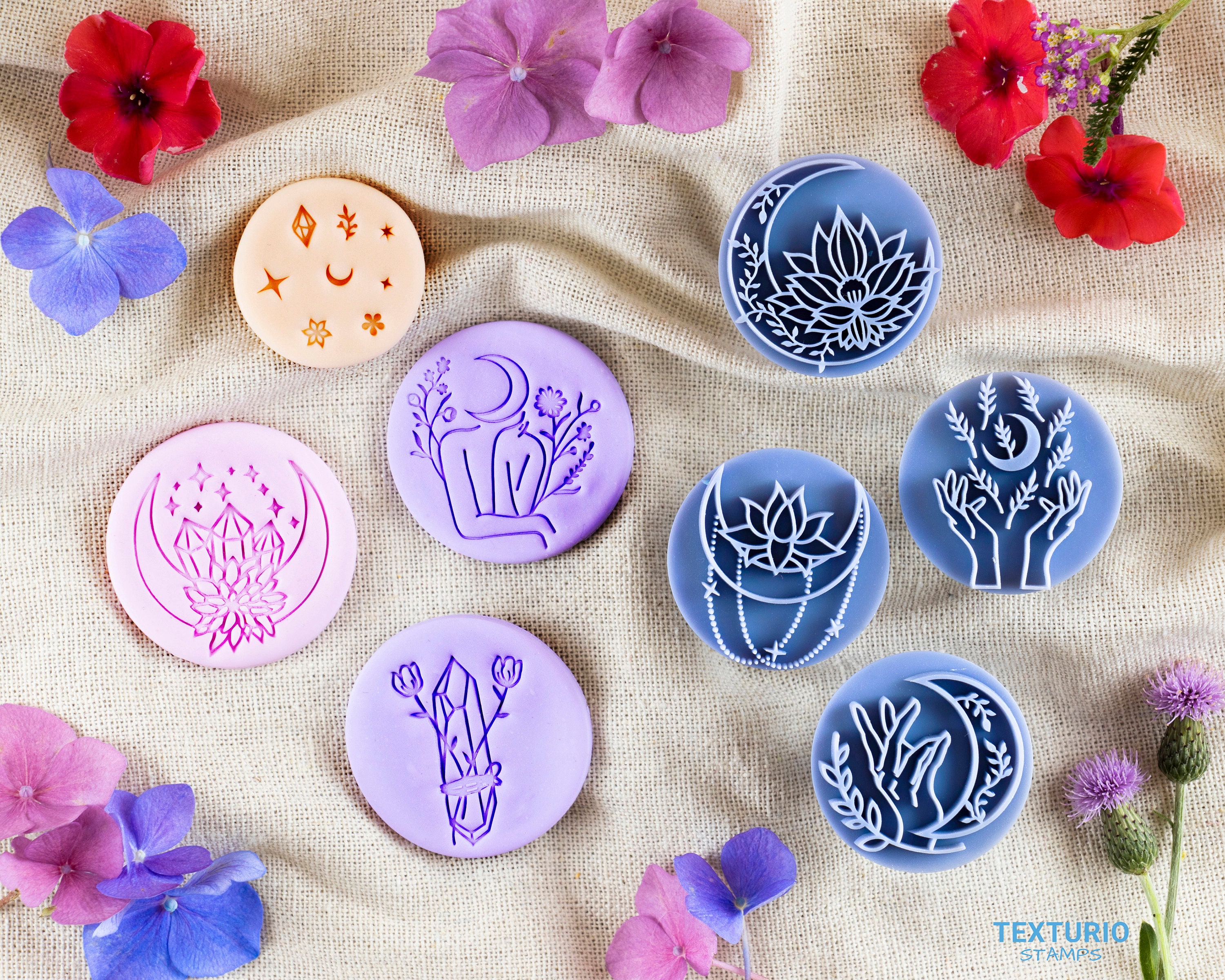 Moon Rainbow Boho Polymer Clay Stamps Botanical Texture Embossing Set