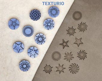Texturio stamps for pottery, Pottery stamps, Polymer clay tools, Soap stamp, Sculpting pottery tools, Clay texture, Star and Suns stamp set