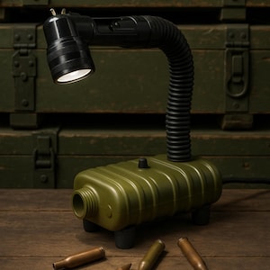 Military Upcycled Desk Lamp – Vintage Army Style Light with Ammo Details