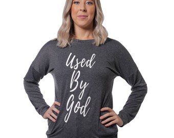 Women's Casual Used By God Crewneck T-Shirt Long Sleeve Tunic Tops with Pockets Christian Shirts, Christian Apparel, Christian Clothing