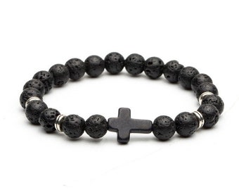 Cross Lava Stone Bead Bracelet, Christian Jewelry, Christian Gift, Cross Bracelet, Prayer Bracelet Christian, Prayer Beads, Men's Bracelet