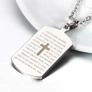 Lord's Prayer Cross Dog Tag Stainless Steel Necklace Christian Jewelry, Christian Gift, Cross Necklace, Religious Necklace Cross, Dog Tag