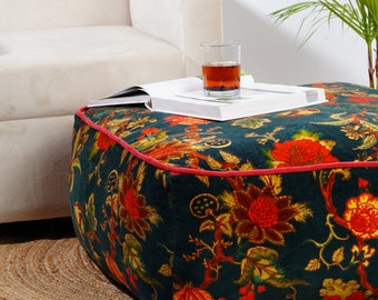 Tree of Life Velvet Square Ottoman Cover - Green