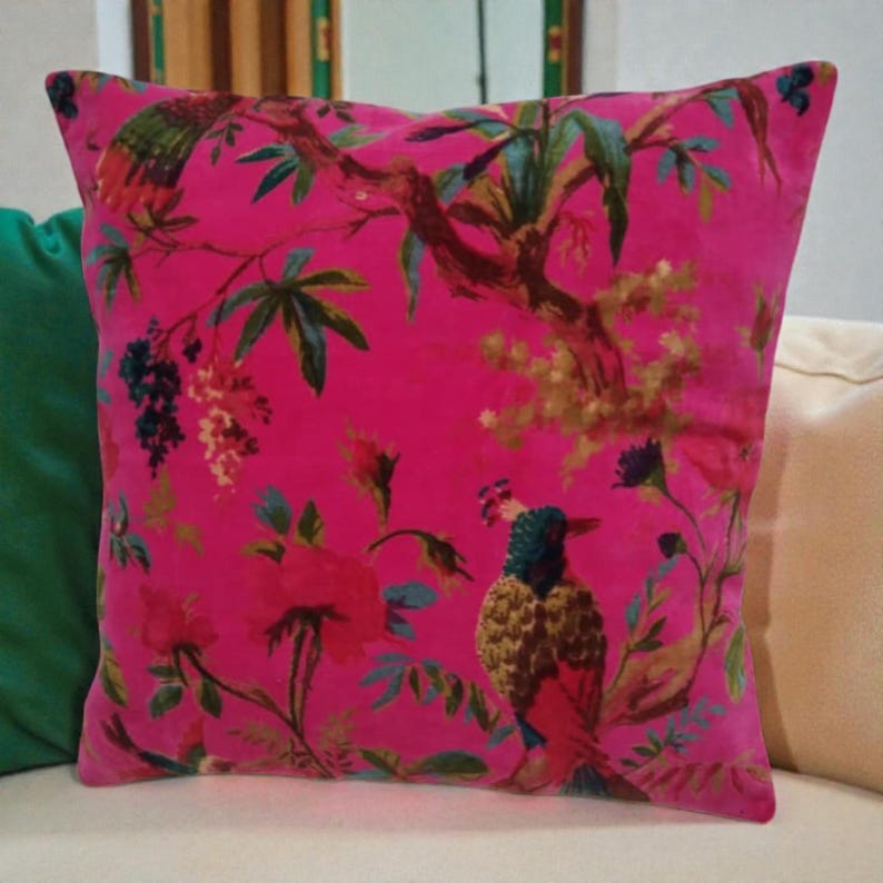 Birds of Paradise Velvet Cushion Cover, 400 GSM Cotton Tropical Floral Pillow both sides print Bright Pink