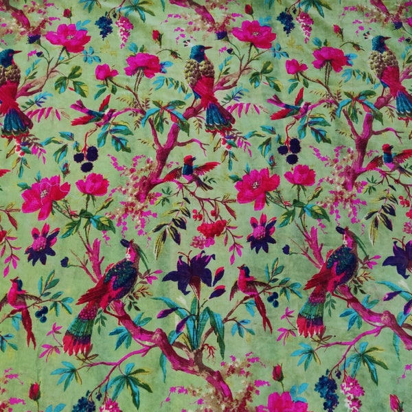 Velvet fabric Birds of Paradise for upholstery- Olive Green