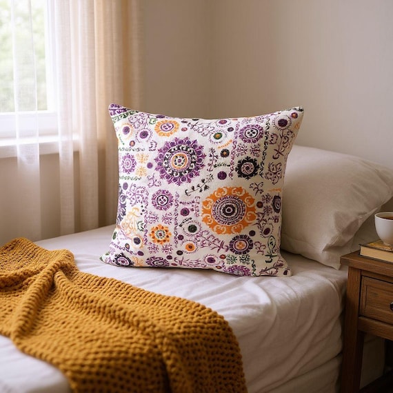 Kissenbezug aus Baumwollsamt mit Blumenmuster, Boho-Stil (45 x 45 cm)