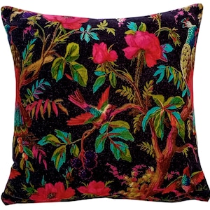 Birds of Paradise Velvet Cushion Cover- Black