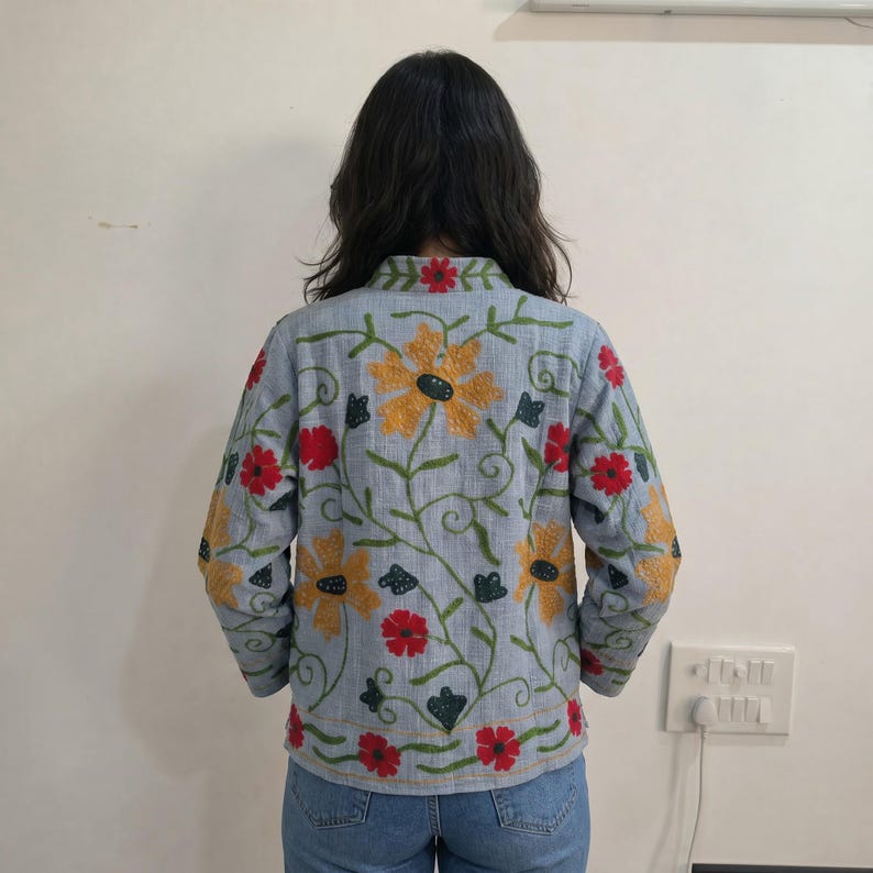 TNT Cotton Suzani Big Flowers Hand Embroidered Jacket Free Size Blue ...