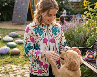 Kurtka Suzani Big Flowers z bawełny TNT, haftowana ręcznie, rozmiar uniwersalny, biała, indyjska, boho