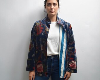 Kurtka z nadrukiem Drzewo Życia w kolorze niebieskim, ręcznie robiona kurtka w kwiaty, S&M, indyjski styl boho