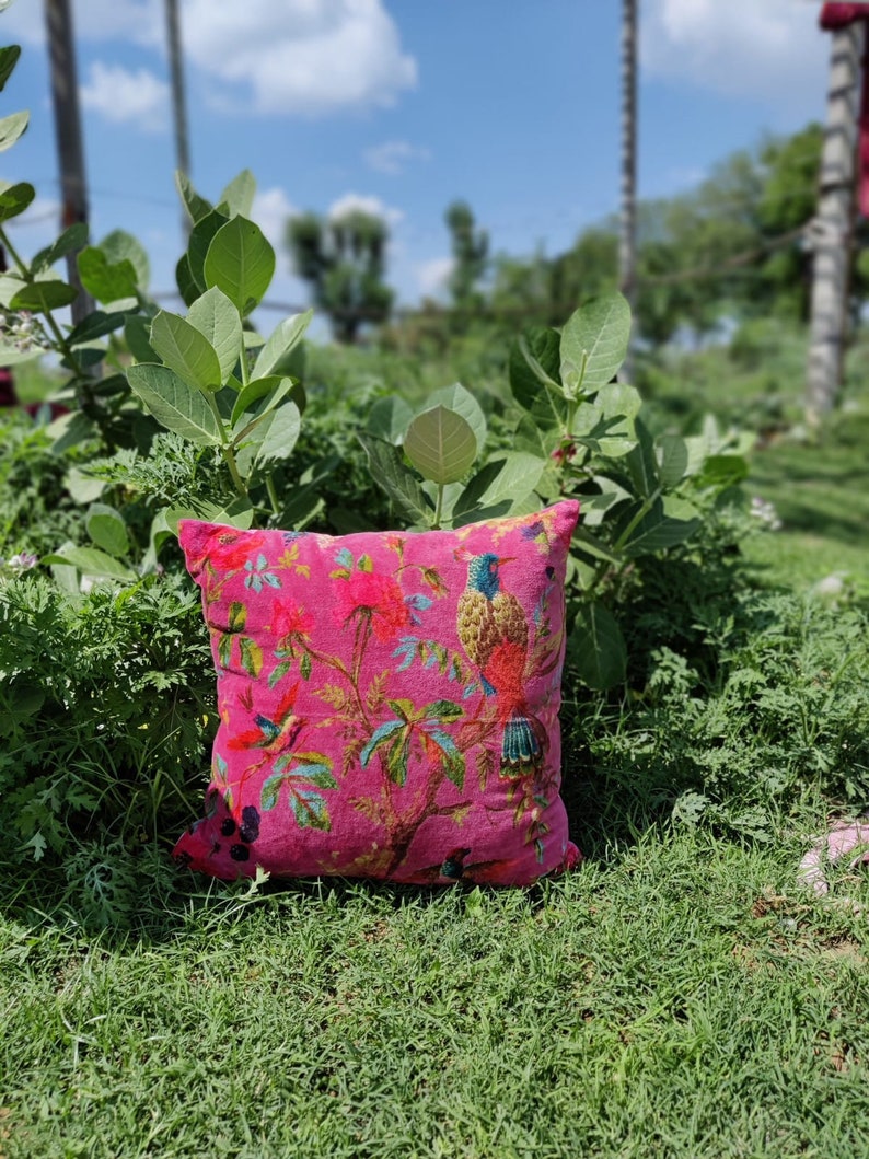 Birds of Paradise Velvet Cushion Cover Magenta OFMD image 1