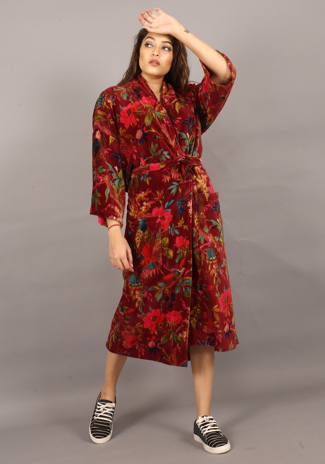 Cotton Velvet Kimono robe lounge Wear Birds of Paradise Maroon. the Red Floral Robe gay Etsy