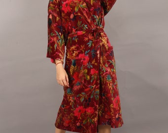 Cotton Velvet Kimono /Robe/Lounge Wear- Birds of Paradise Maroon. the red floral robe (gay)