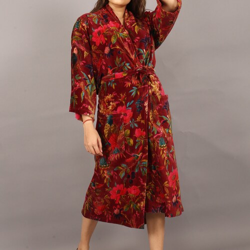 Cotton Velvet Kimono /robe/lounge Wear Birds of Paradise Etsy