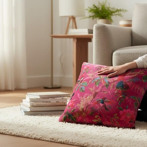 Birds of Paradise Velvet Cushion Cover, 400 GSM Cotton Tropical Floral Pillow both sides print Magenta