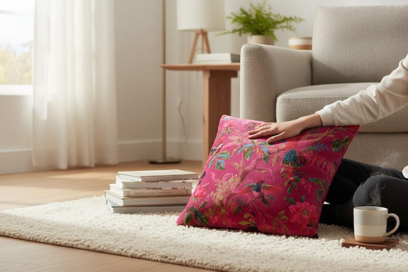 Birds of Paradise Velvet Cushion Cover, 400 GSM Cotton Tropical Floral Pillow both sides print Magenta