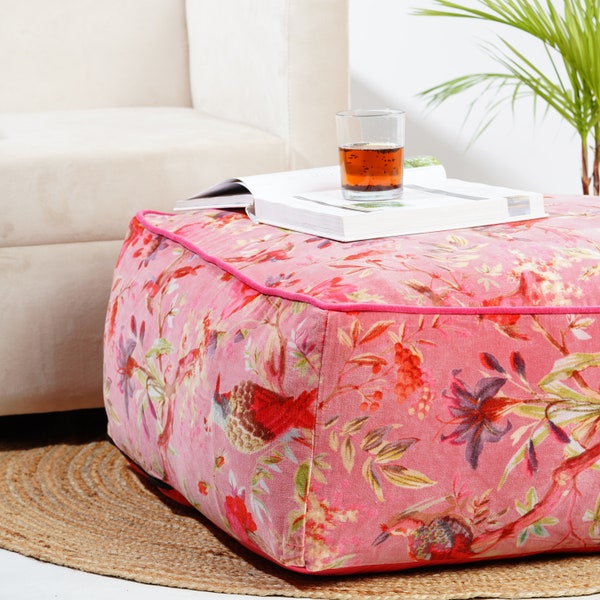 Birds of paradise Velvet Square Ottoman Cover - Pink