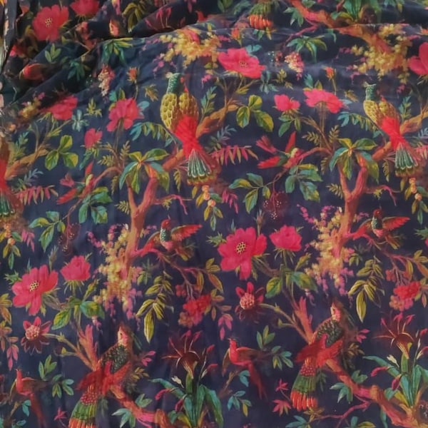 Velvet fabric for upholstery Paradise Print Navy Blue