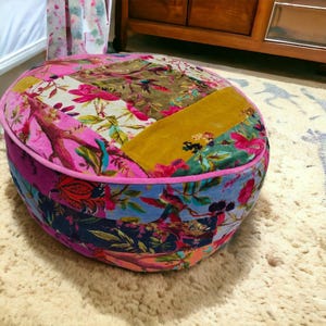 Funda para puf redonda de terciopelo con diseño de patchwork (solo funda) - Funda para puf rosa brillante