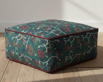 Velvet Ottoman Cover, Custom Slipcover for Square or Round Pouf, Removable Protector- Peacock pouf cover