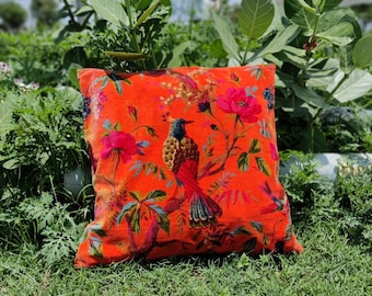 Birds of paradise velvet cushion cover- Orange