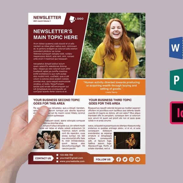 Reusable Newsletter Template ( 8.5 x 11 Size ) - Editable With MS Word, MS Publisher Or Adobe Indesign