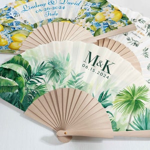 Ventagli da matrimonio personalizzati Ventagli pieghevoli personalizzati Ventagli in tessuto di legno con stampa floreale tropicale Bomboniere Regali Ventagli in tessuto sfuso Handfacher