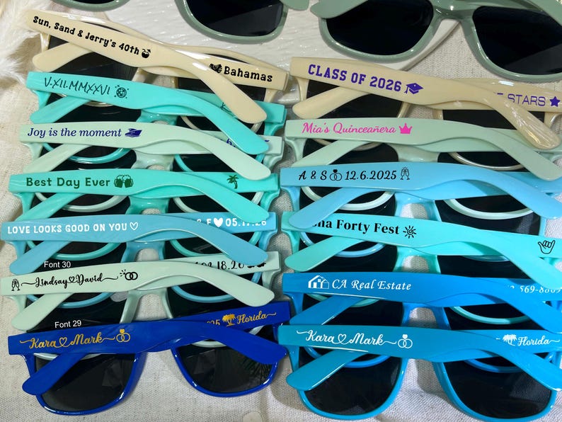 blue sunglasses personalized sunglasses wedding gifts for guests bulk events sunnies destination wedding favors sage green customized shades baby shower gifts baby blue sky blue sunnies travel cruise cancun beach sunglasses dark blue sunglasses hotel giveaway gifts company running campaign golf soccer football sunglasses class of 2026 graduation gifts university school leavers grad gifts birthday gifts light teal shades aqua quinceanera sunglasses beige printed sunglasses sports summer gifts