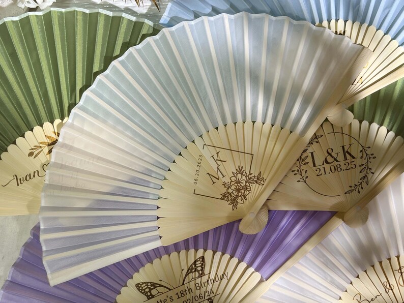 Personalized Wedding Sage Green Hand Fan Custom Engraved Folding White ...