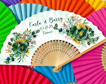 Personalized Destination Wedding Party Favors Floral Printed Paper Fans Gifts for Guests Bulk Custom Wooden Fan Bridal Shower Gift Logo Sign